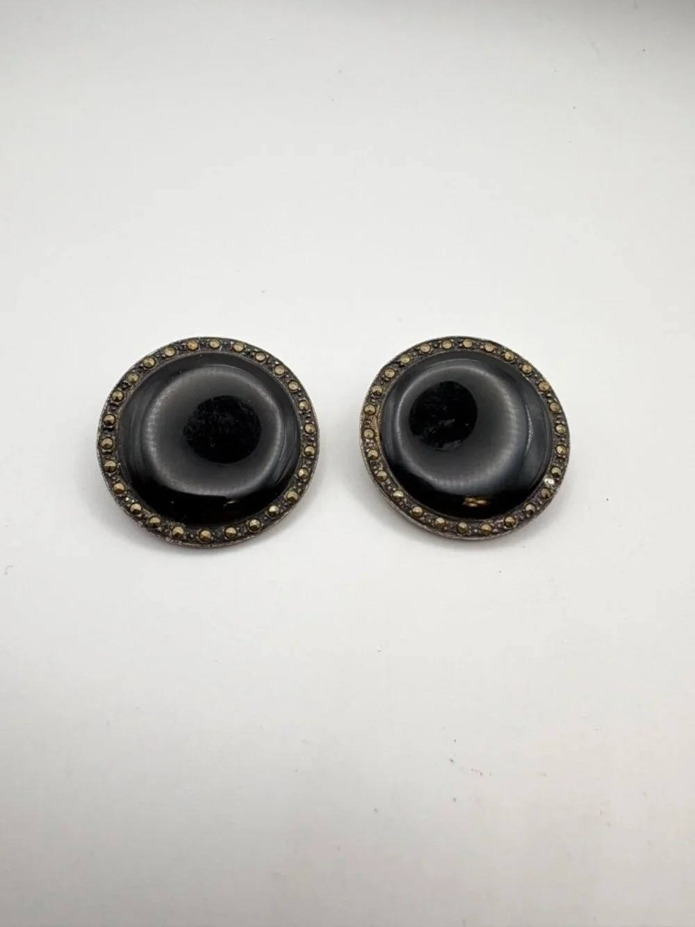 Vintage 925 Sterling Silver Black Onyx Onyx Marcasite Round Clip On Earrings